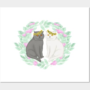 Cats in love. Cats in wreaths of sunflowers. Posters and Art